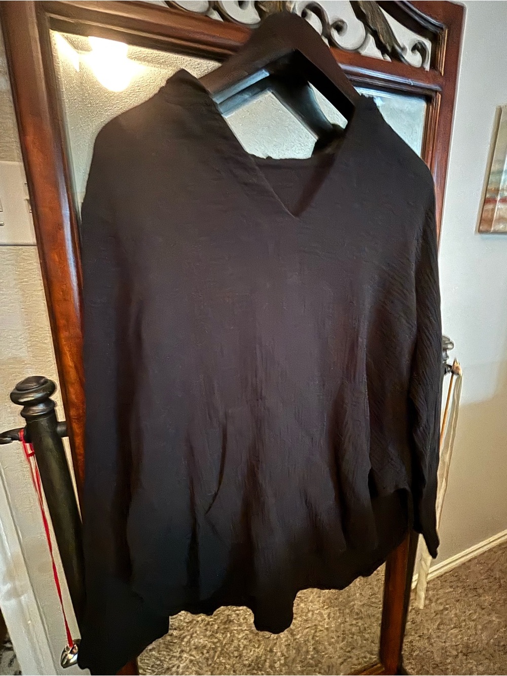 Uniqlo Hooded Black Crepe Cotton V-NeckPullover Blouse Women's XL
